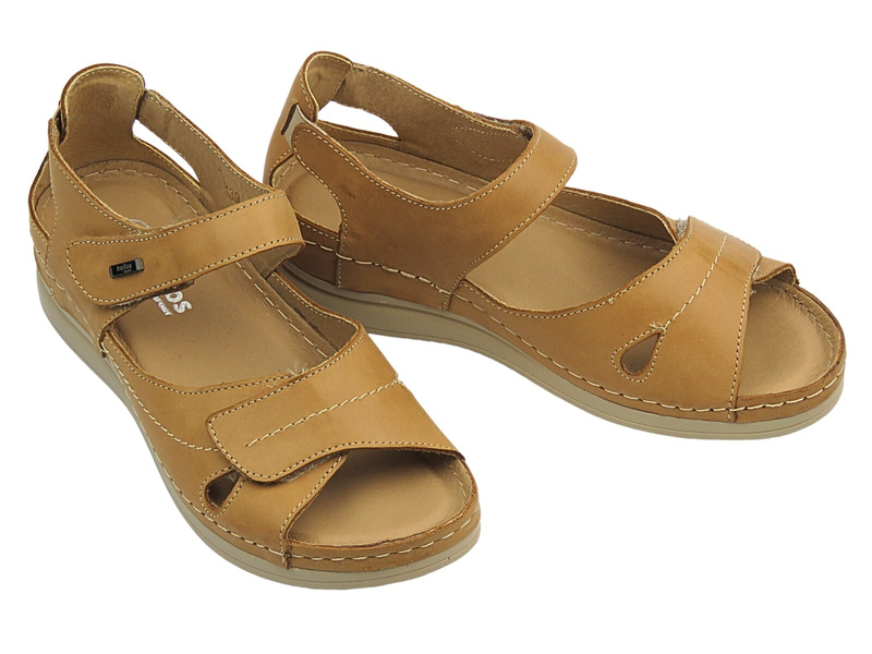 Skórzane sandały damskie na platformie - HELIOS Komfort 139, jasnobrązowe