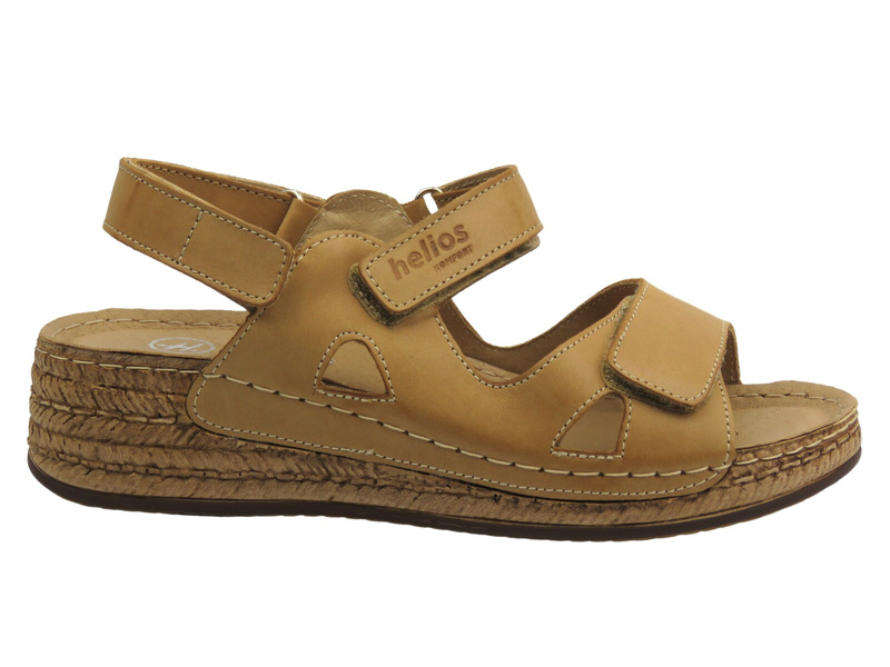Skórzane sandały damskie na rzepy - Helios 138, jasnobrązowe