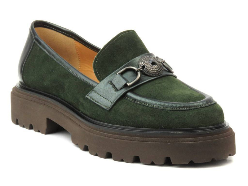 Półbuty, loafersy damskie na platformie - UNCOME 37158, zielone