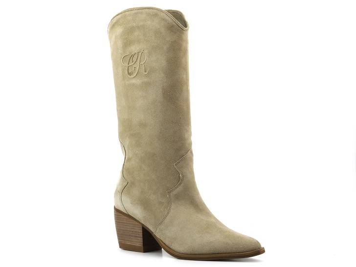 Zamszowe kozaki, kowbojki damskie na obcasie - CARINII B9065, beżowe