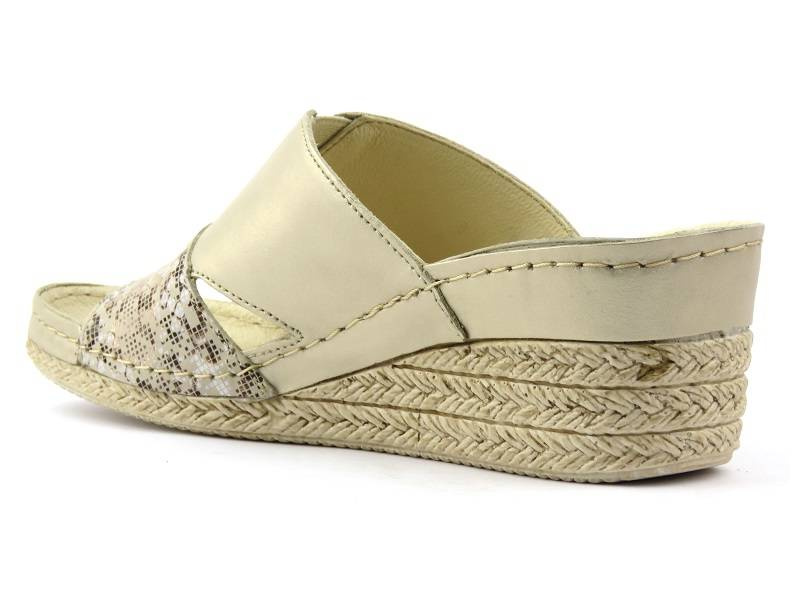 Skórzane klapki damskie na koturnie - HELIOS Komfort 295, złote