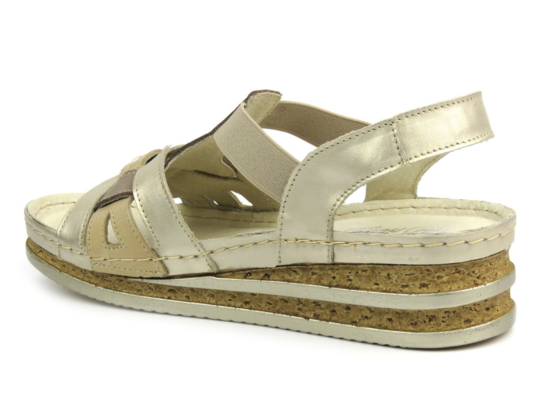 Skórzane sandały damskie na delikatnym koturnie złote Helios Komfort 129