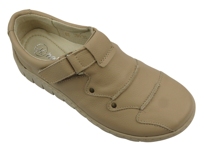 Skórzane półbuty damskie zapinane na rzep - Helios Komfort 780-2S, ecru