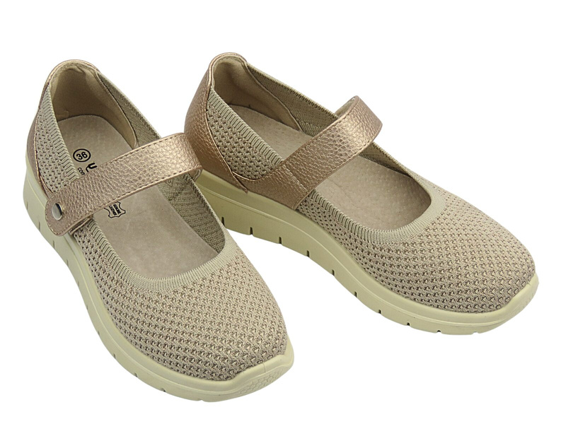 Półbuty damskie z paskiem na rzep beżowe UNISOFT 25PB02-8886