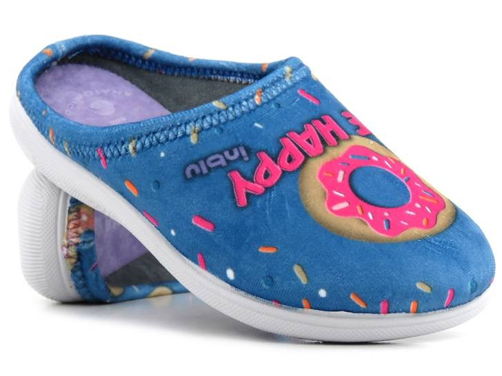 Kapcie damskie, młodzieżowe z pączkami, donutami - INBLU MINDY, niebieskie