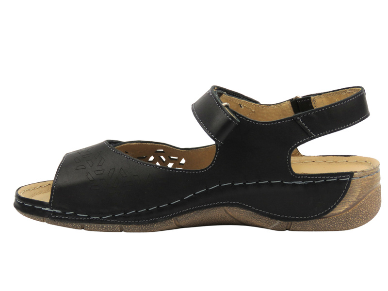 Skórzane sandały damskie na grubej podeszwie - Helios Komfort 266-2, czarne