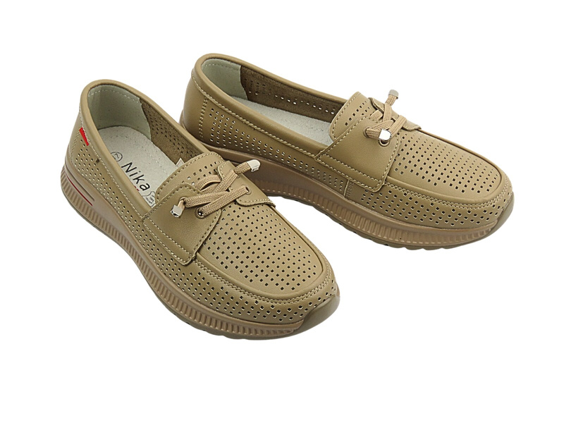 Skórzane półbuty damskie ażurowe beżowe Nika Komfort H-647