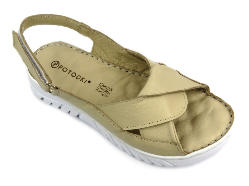 Skórzane sandały damskie na rzep - Potocki 24-84300, beżowe