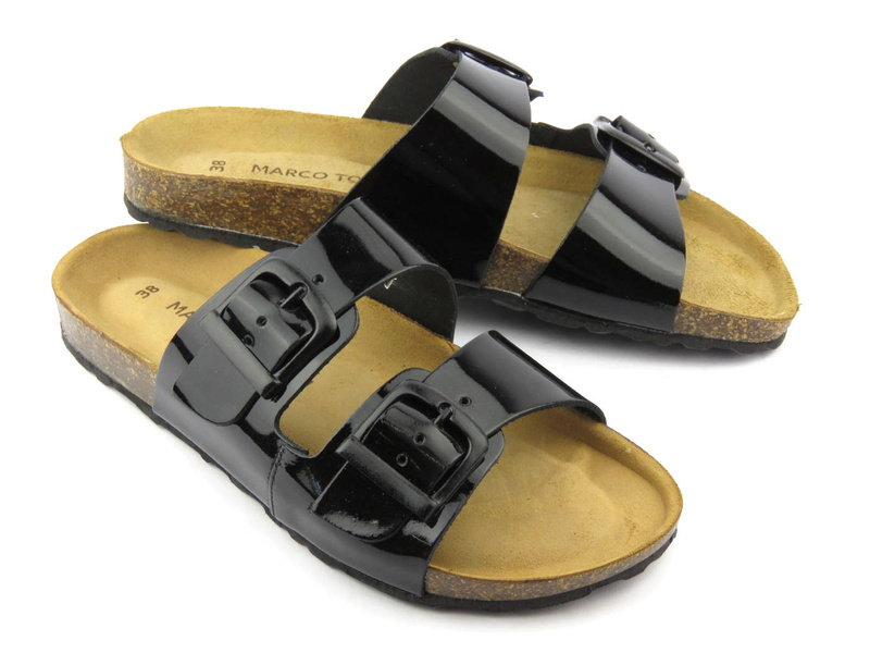 Skórzane klapki damskie z regulowanymi paskami - MARCO TOZZI 27405, czarne