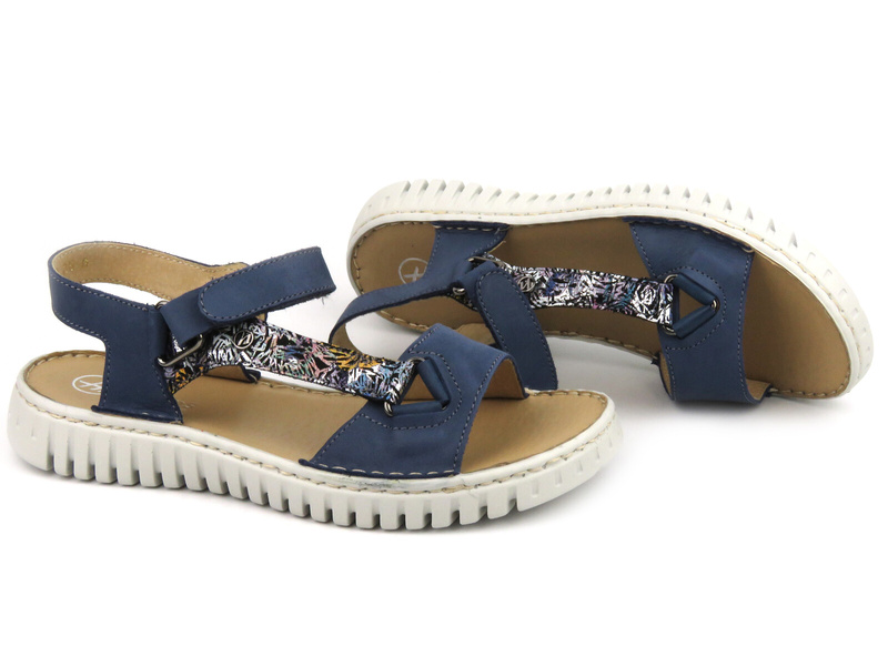 Skórzane sandały damskie z ozdobnymi paskami - HELIOS Komfort 249S, granatowe
