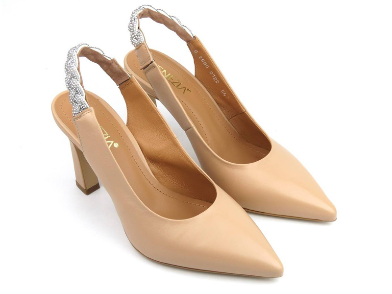 Skórzane czółenka na poszerzonej szpilce - VENEZIA 2660 800, beżowe