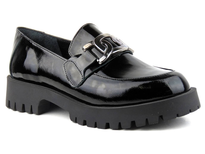 Lakierowane lordsy damskie na traperowej podeszwie - VENEZIA 0010276R658, czarne