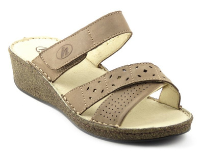 Skórzane klapki damskie z ozdobną cholewką - HELIOS Komfort 233, beżowe