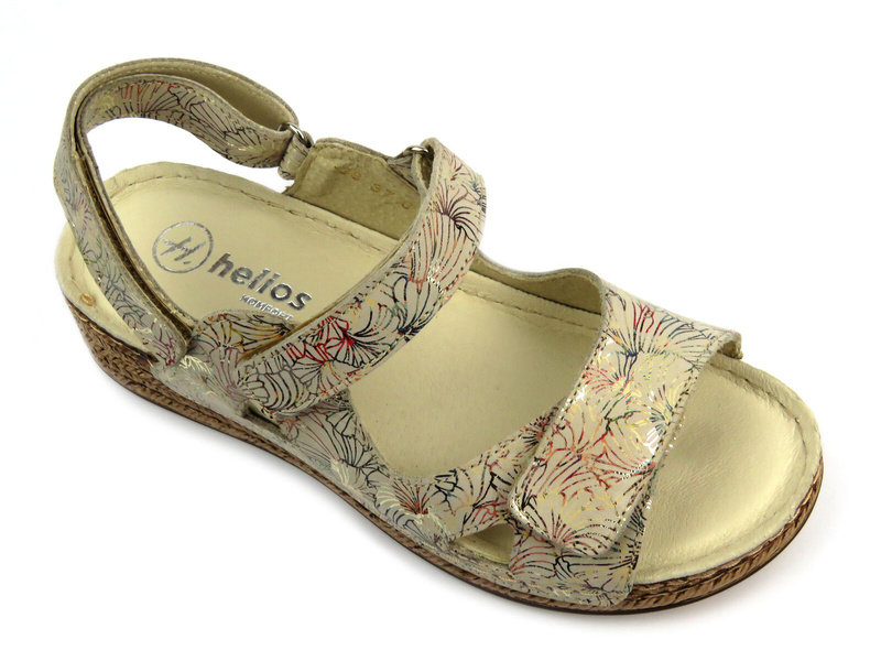 Skórzane sandały damskie na rzepy - Helios 138, ecru w kwiaty