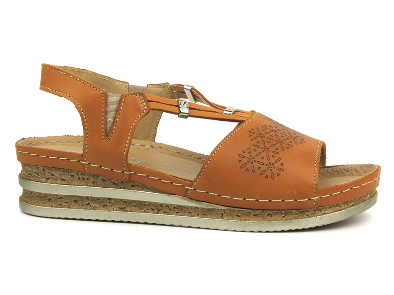 Skórzane sandały damskie na delikatnym koturnie - HELIOS Komfort 125, jasnobrązowe