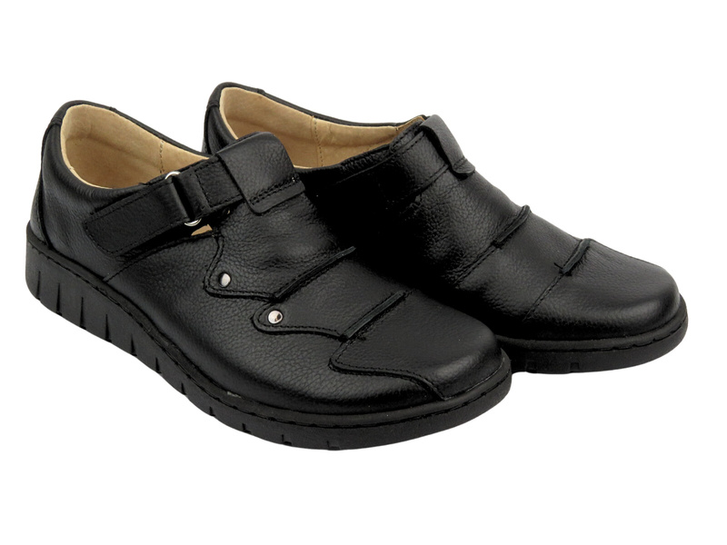 Skórzane półbuty damskie zapinane na rzep - Helios Komfort 780-2S, czarne