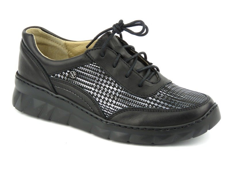 Czarne sneakersy damskie ze srebrnym wzorkiem - Helios Komfort 360
