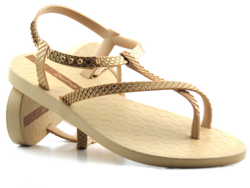 Płaskie sandały damskie, japonki - IPANEMA 82931, beżowo-złote