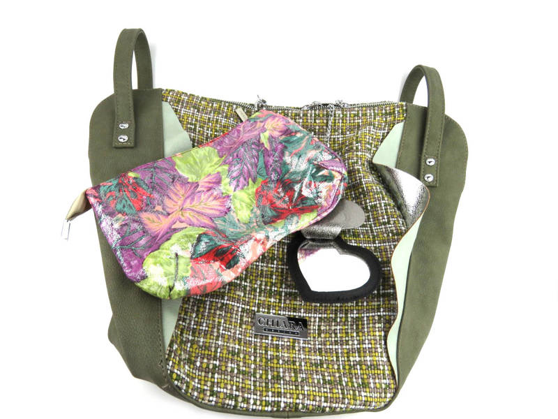 Pojemna torebka damska z kosmetyczką i lusterkiem - CHIARA Design, szaro-zielona