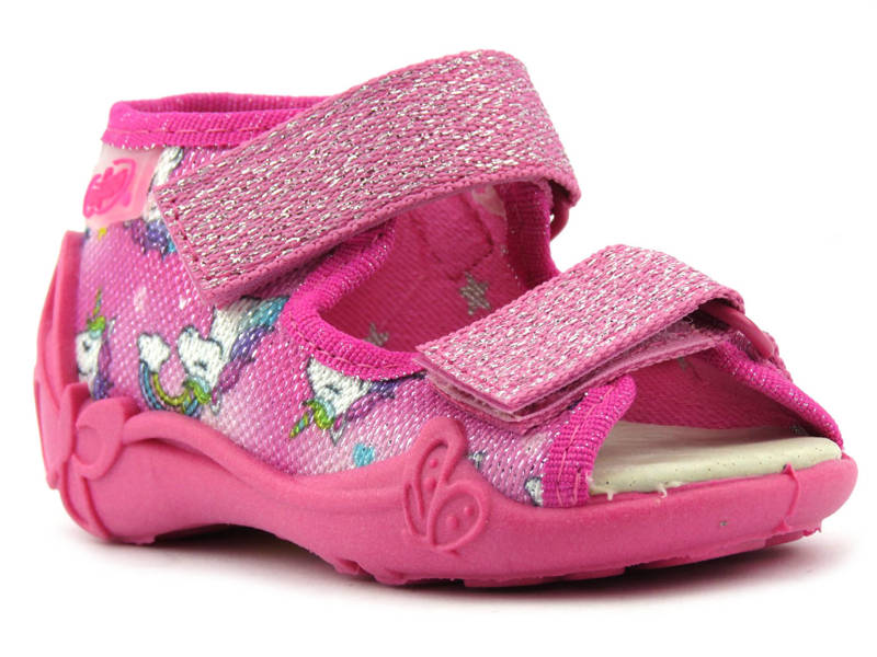 Sandałki dziecięce ze skórzaną wkładką - Befado 342P043, różowe z jednorożcami