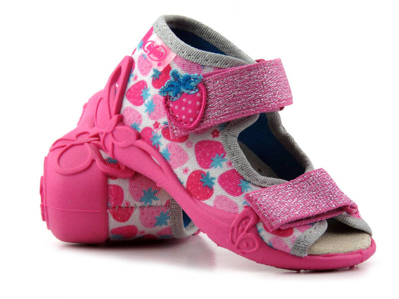 Sandałki dziecięce ze skórzaną wkładką - Befado 342P046, różowe w truskawki
