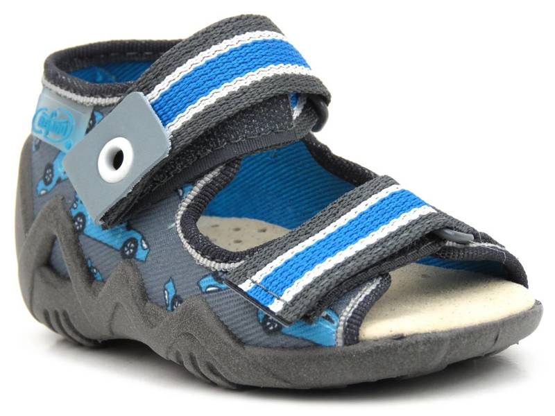 Sandałki dziecięce ze skórzaną wkładką - Befado 350P031, szare z samochodami