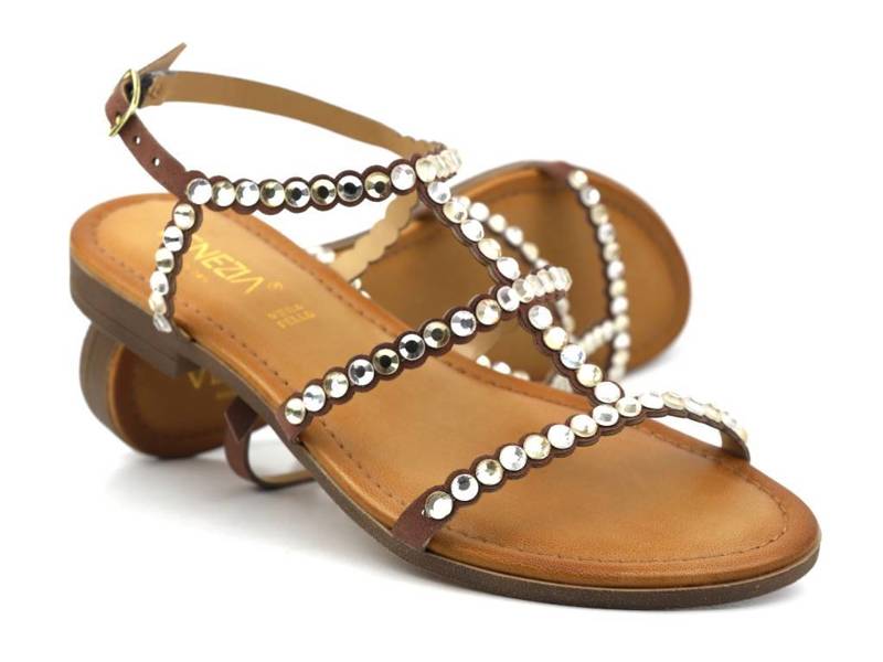 Sandały, gladiatorki damskie z połyskującymi kamieniami - VENEZIA 8147, brązowe