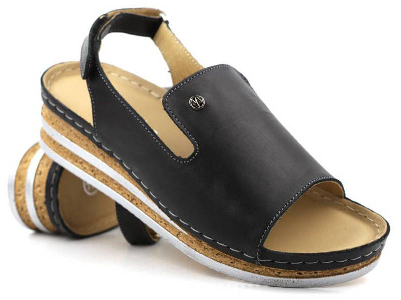 Skórzane sandały damskie na grubej podeszwie - HELIOS Komfort 107, czarne