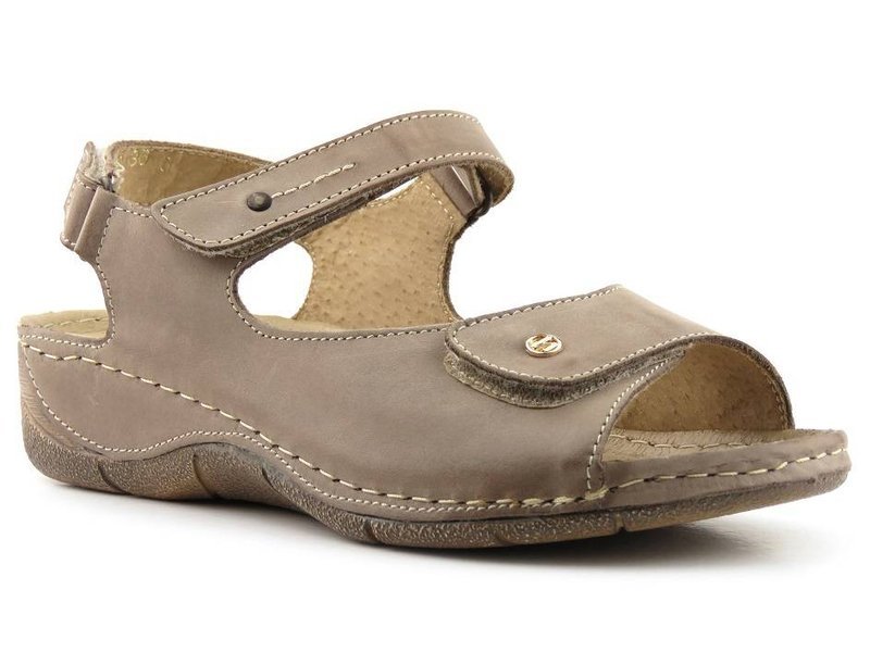 Skórzane sandały damskie na grubej podeszwie - Helios Komfort 266, beżowe
