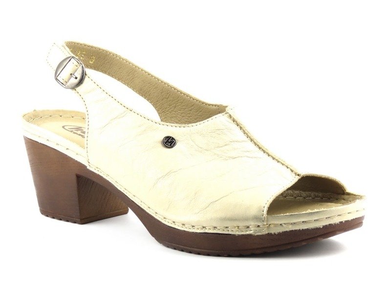 Skórzane sandały damskie na klocku - HELIOS Komfort 223, złote
