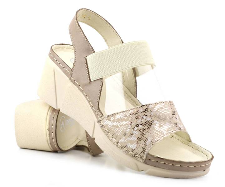 Skórzane sandały damskie na koturnie - HELIOS Komfort 118, ecru
