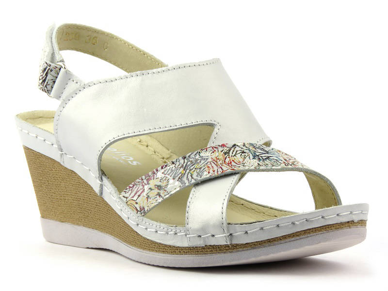 Skórzane sandały damskie na koturnie - HELIOS Komfort 299, srebrne
