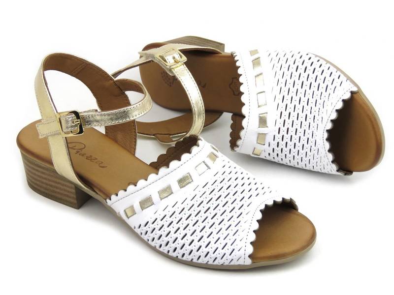 Skórzane sandały damskie na niewielkim obcasie - PIAZZA 910004-03, biało-złote