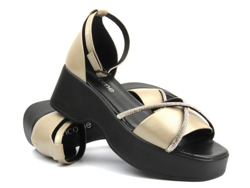 Skórzane sandały damskie na platformie - UNCOME 38307, czarno-beżowe