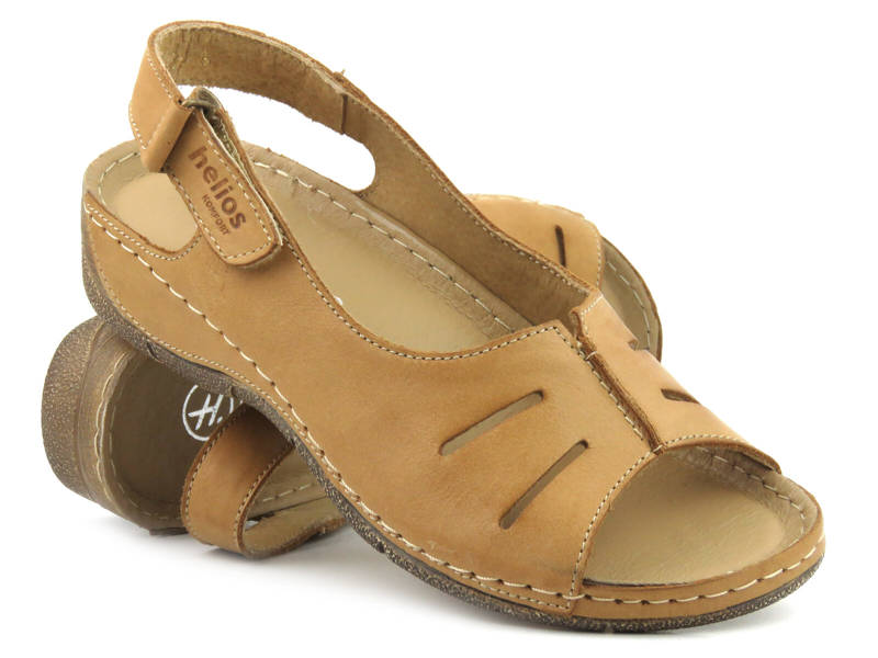 Skórzane sandały damskie na rzep - HELIOS Komfort 117, jasnobrązowe