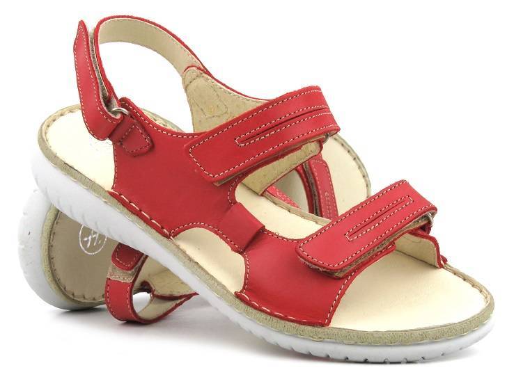 Skórzane sandały damskie na rzepy - Helios Komfort 794S, czerwony
