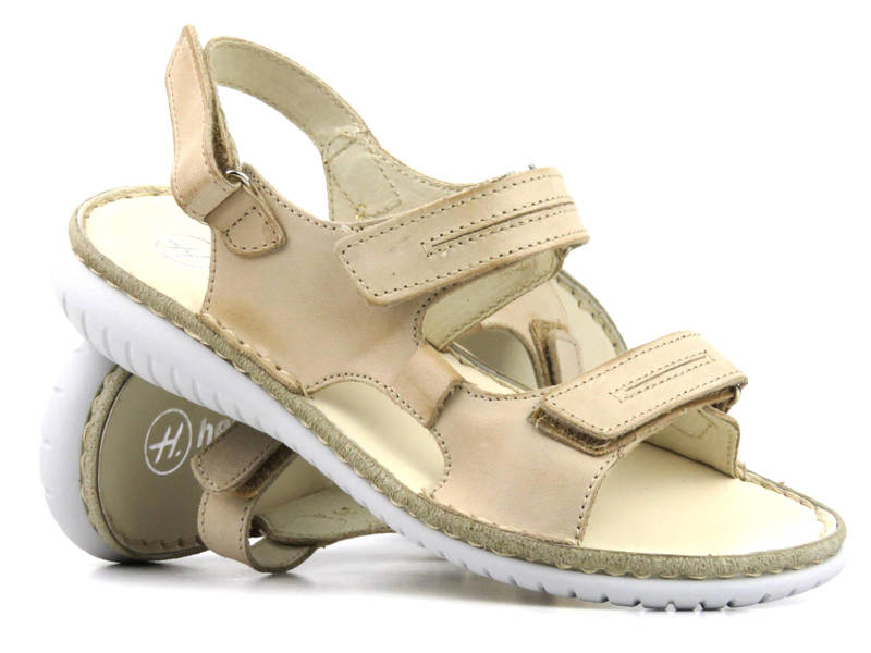 Skórzane sandały damskie na rzepy - Helios Komfort 794S, jasnobeżowe