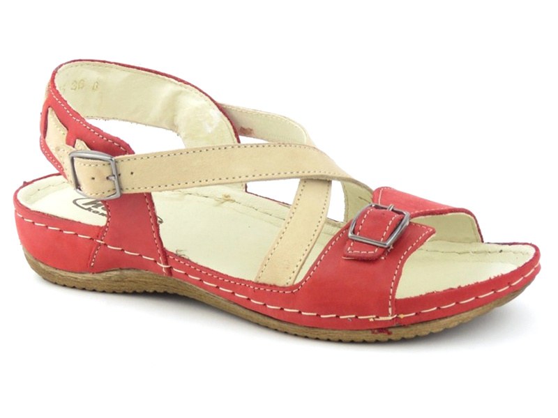 Skórzane sandały damskie polskiej marki Helios Komfort 215, czerwone