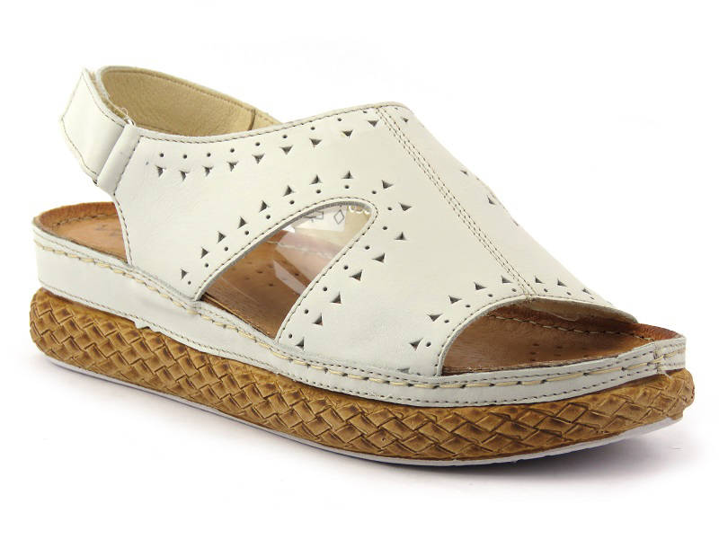 Skórzane sandały damskie z ażurowym wzorem - WASAK 0652, białe