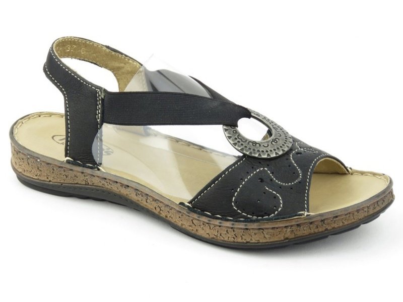 Skórzane sandały damskie z klamrą - Helios Komfort 672, czarne
