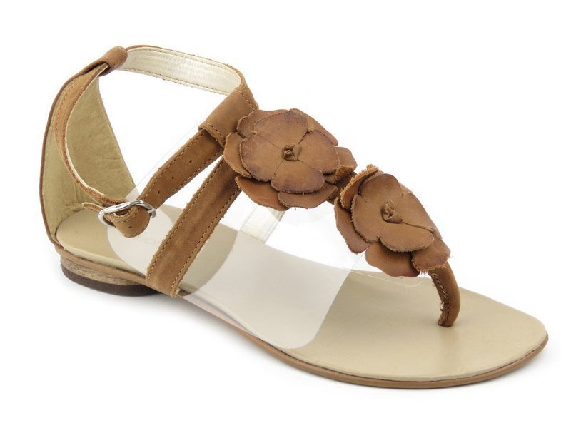 Skórzane sandały damskie z kwiatkami - Kim (Lorento Pucci) F31, brązowe