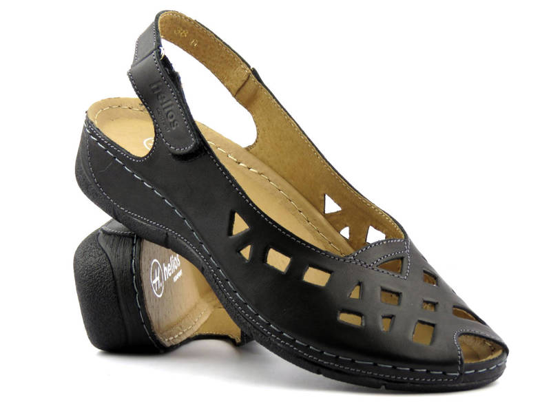 Skórzane sandały damskie z wycięciami - Helios Komfort 4027, czarne 2