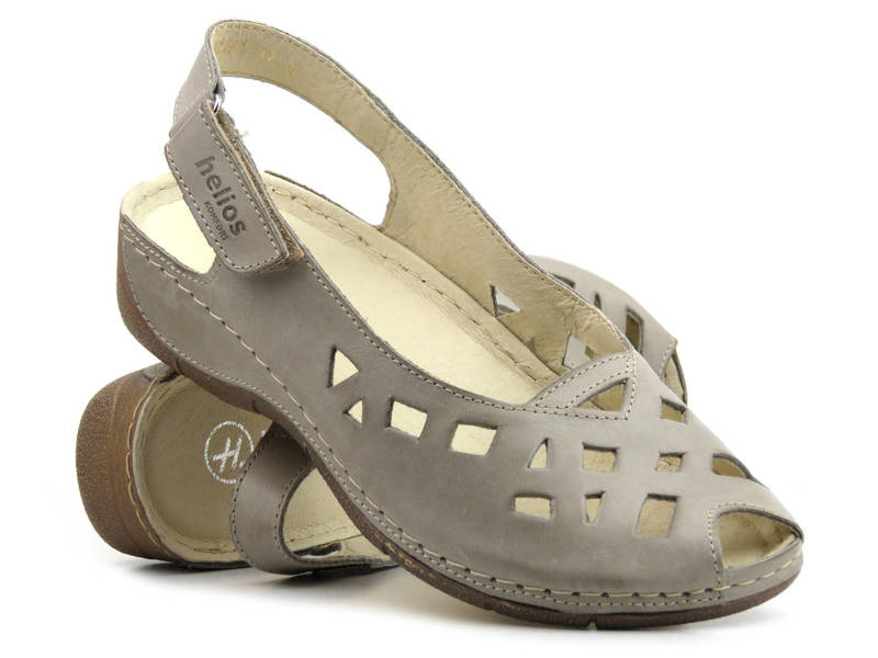 Skórzane sandały damskie z wycięciami - Helios Komfort 4027, j.szare