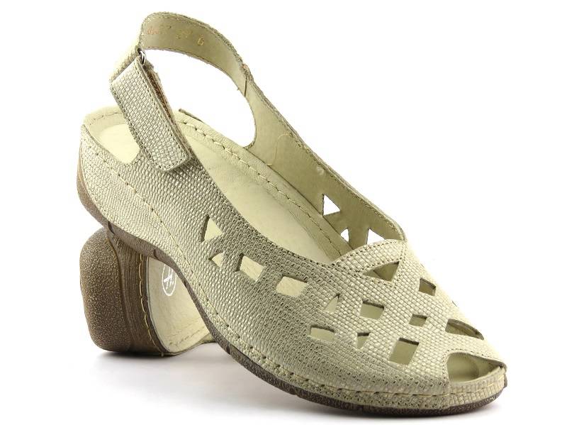 Skórzane sandały damskie z wycięciami - Helios Komfort 4027, złote fakturowane