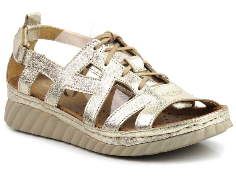Skórzane sandały damskie zabudowane - MACIEJKA 05375-25, złote