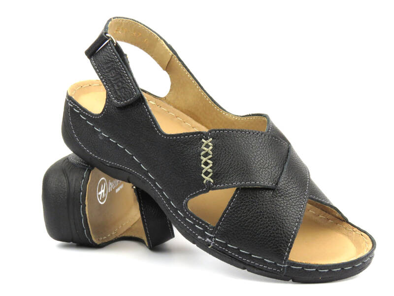 Skórzane sandały damskie ze skrzyżowanymi paskami - Helios Komfort 229-1, czarny 2