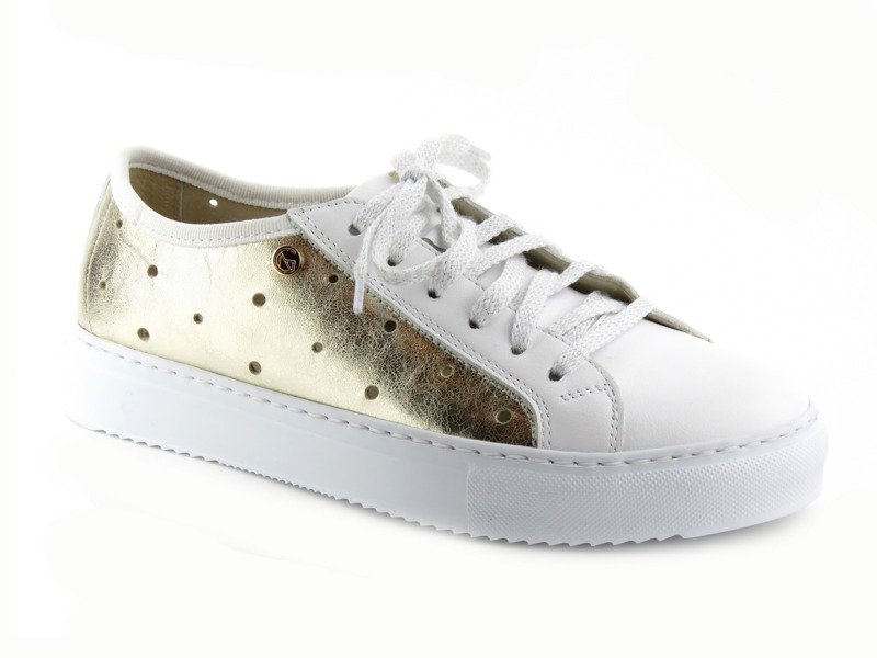 Skórzane sneakersy damskie - NIK 0473, białe ze złotem