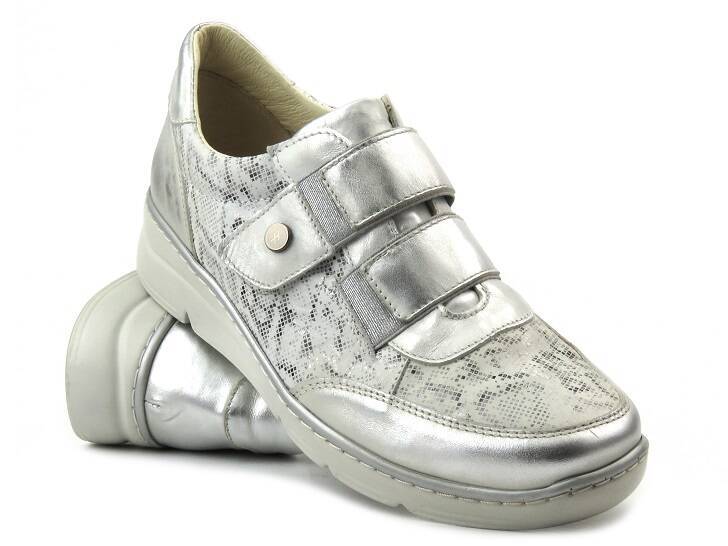 Skórzane sneakersy damskie na rzepy - HELIOS Komfort 367, srebrne