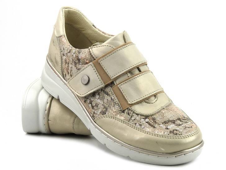 Skórzane sneakersy damskie na rzepy - HELIOS Komfort 367, złote