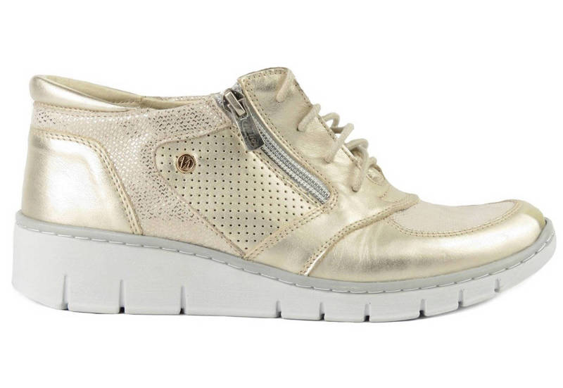 Skórzane sneakersy damskie z suwakiem - Helios Komfort 536-1, złote 